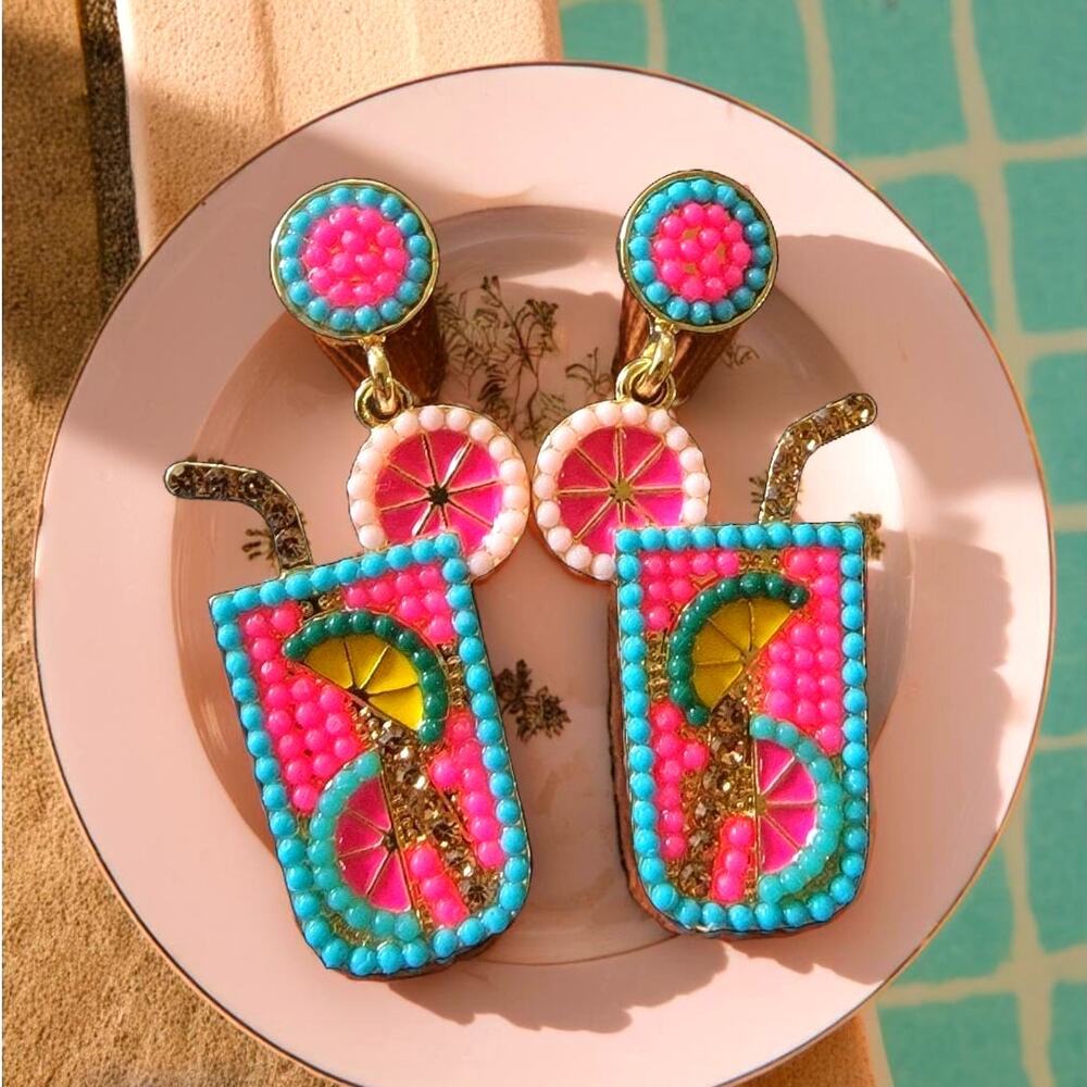 New Beaded Drink Summer Earrings Dangle Cocktail Vacation Rhinestone‎ Sterling